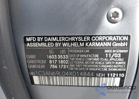 2004 Chrysler Crossfire from USA, damaged, VIN 1C3AN69L04X014844